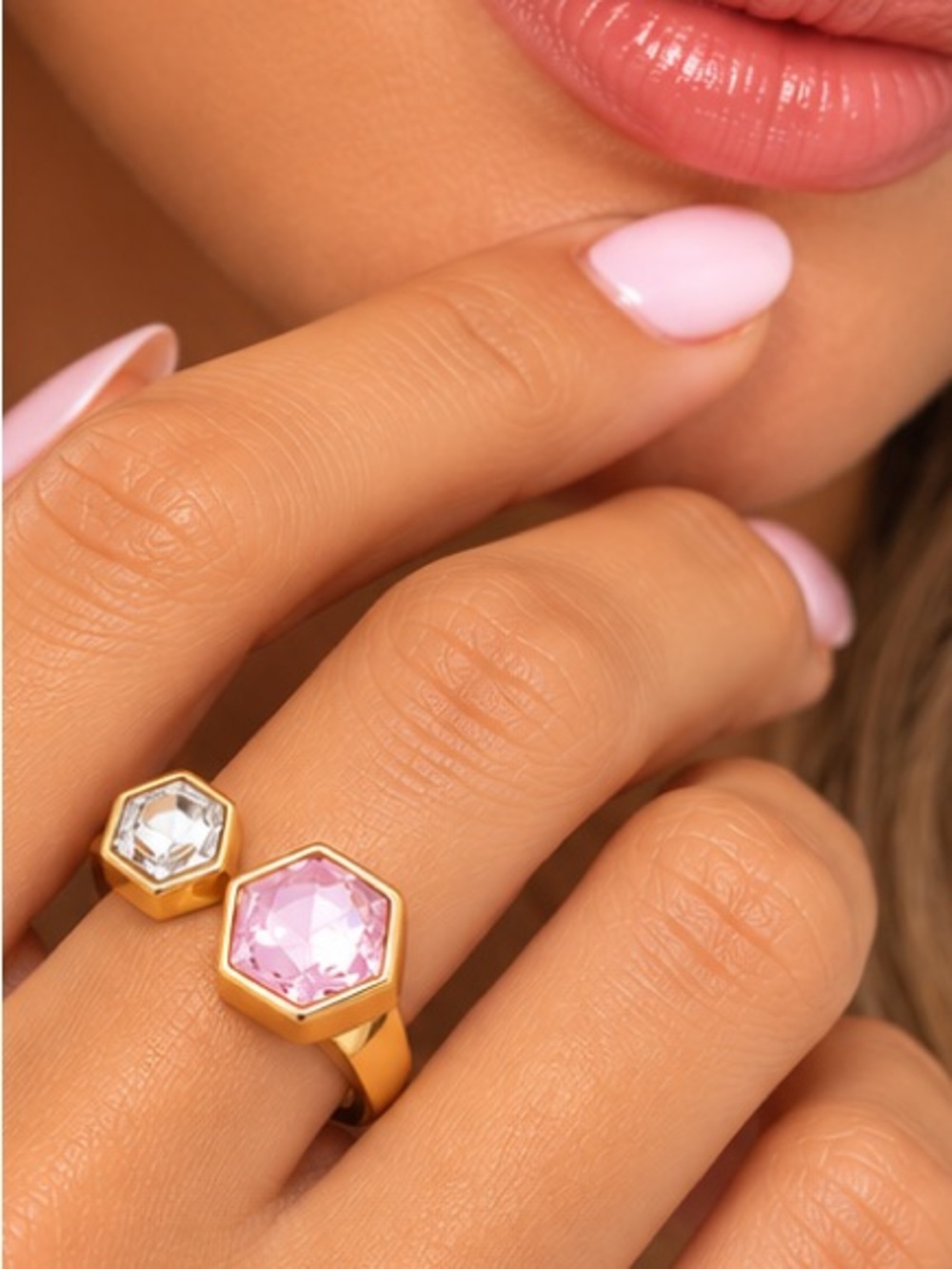 18K Gold Hexagon Rose Quartz and Moissanite Stone Ring Luxury